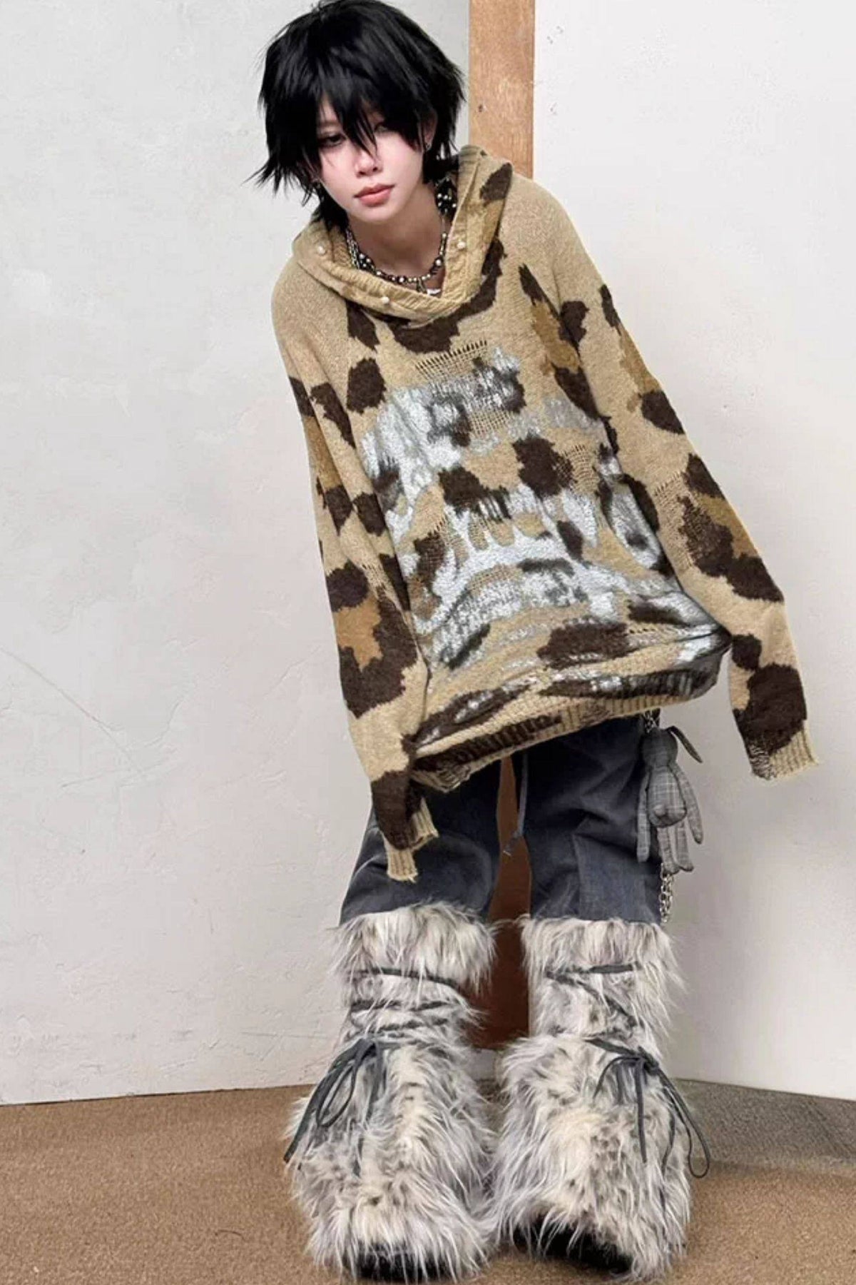 Loose Faux Fur Patchwork Drawstring Jeans