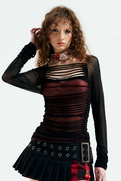 Y2K Long-Sleeve Mesh Cut-Out Top
