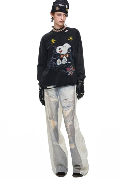 Washed Ripped Lace Straight-Leg Pants