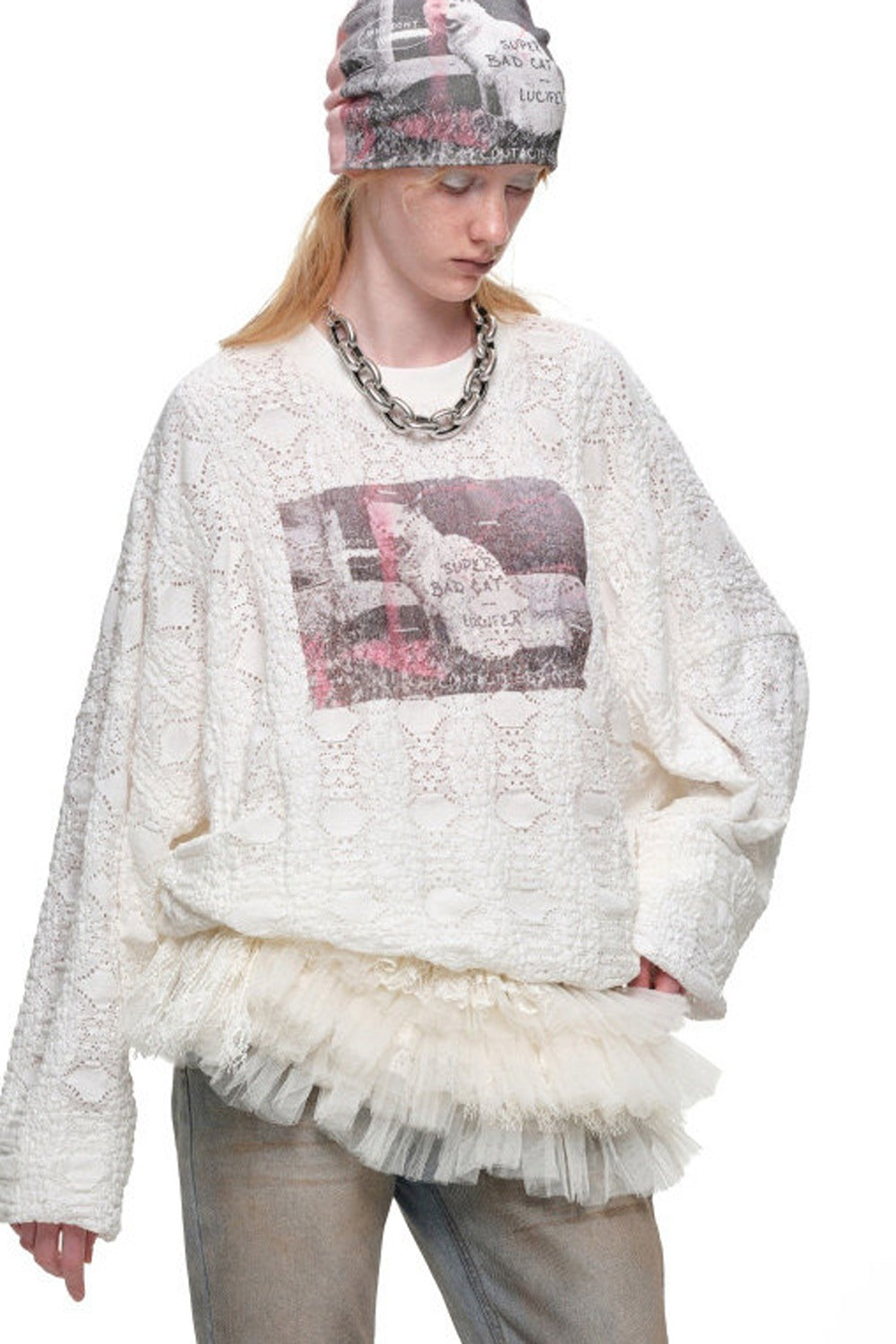 Cat Wanted Print Hollow Lace Pullover