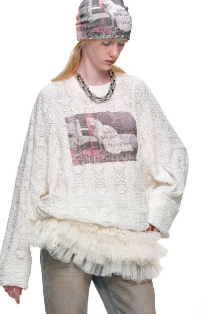 Cat Wanted Print Hollow Lace Pullover