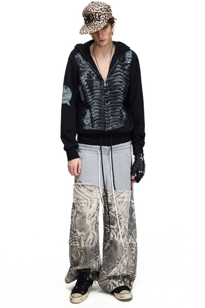Black White Color-Block Curved Hem Pants