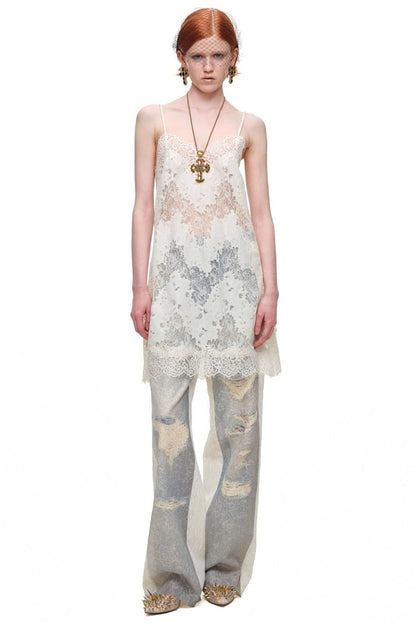 Washed Ripped Lace Straight-Leg Pants