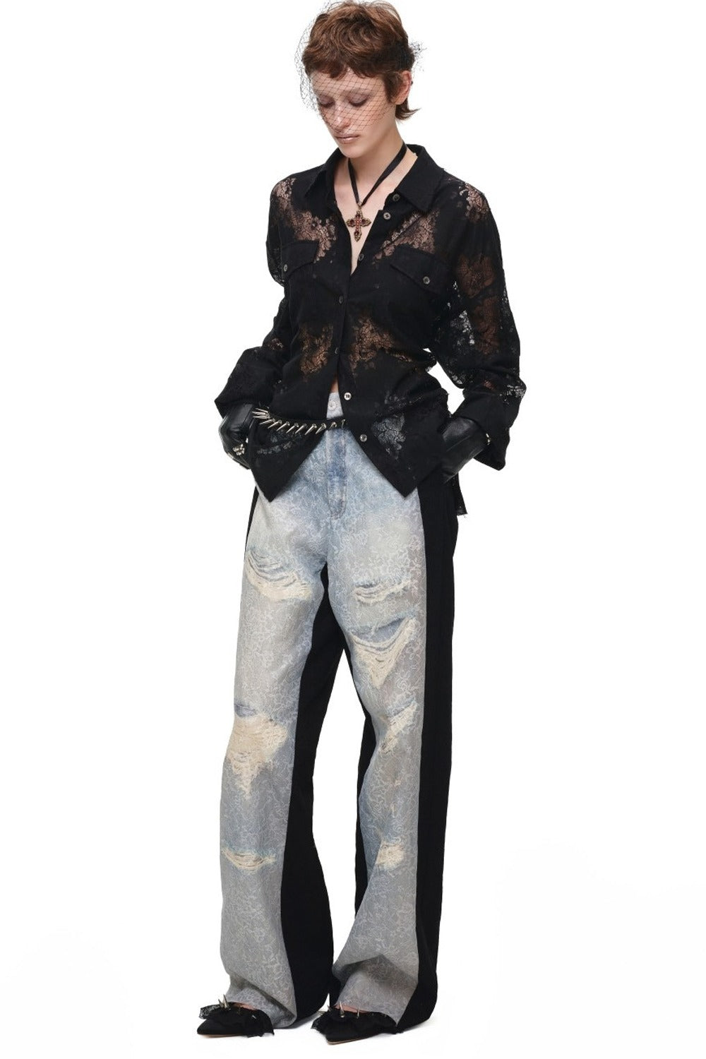 Lace Jacquard Tie Waist Shirt