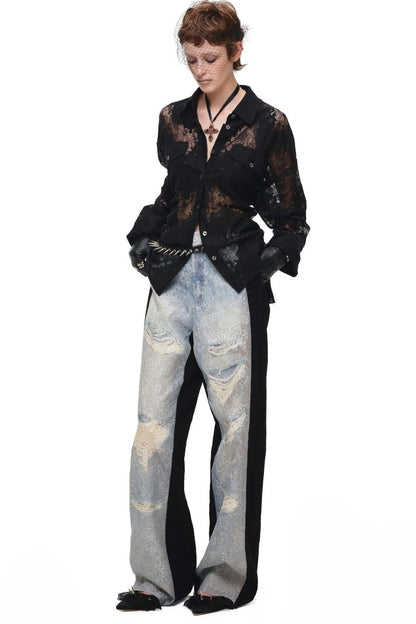 Lace Jacquard Tie Waist Shirt