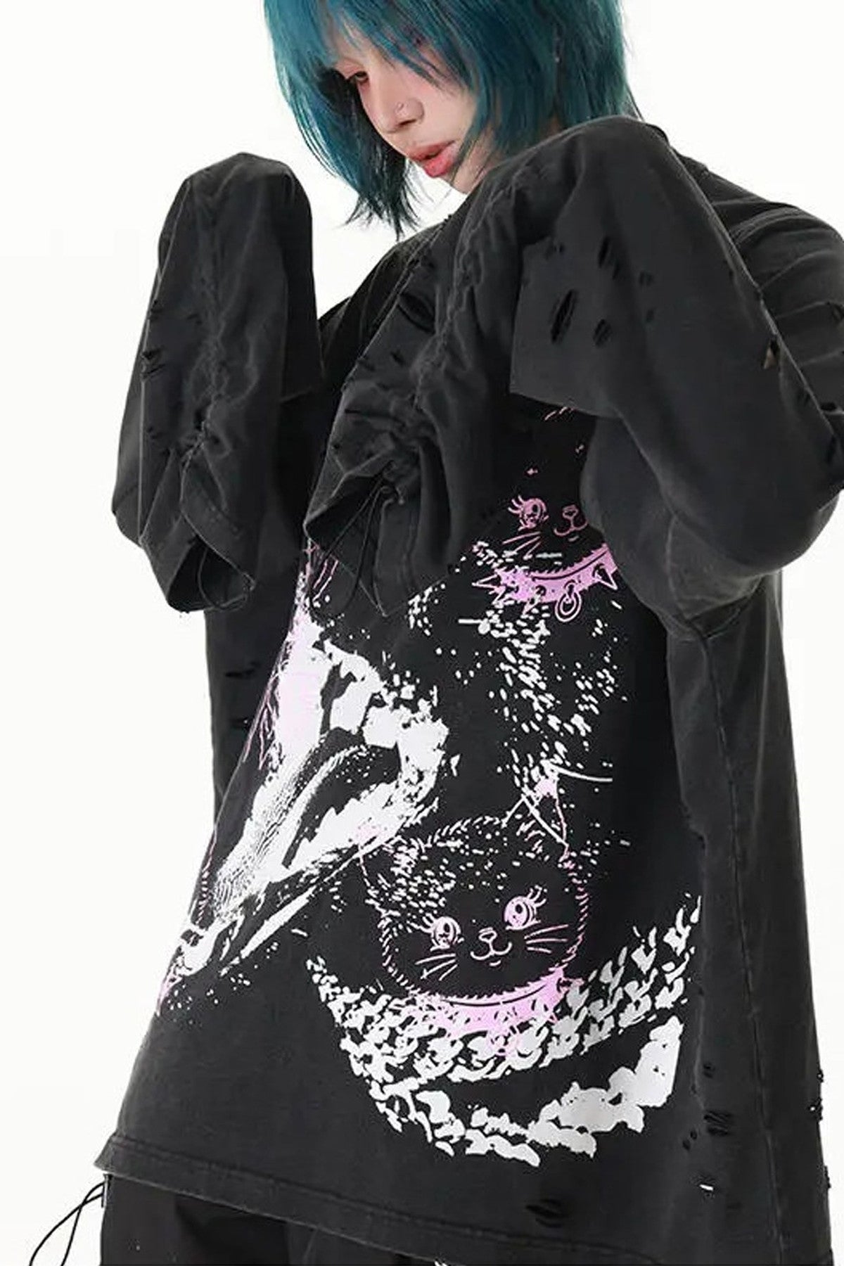 Pink Cat Washed Ripped Cuffs Long-Sleeve T-Shirt