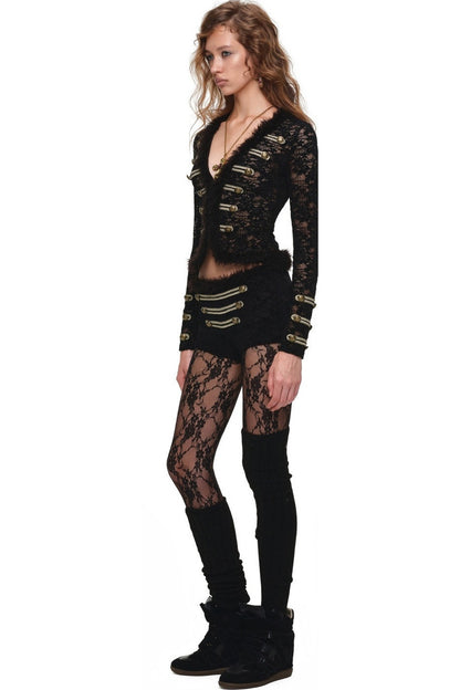 Flocked Lace Long-Sleeve Cardigan and Shorts Set-Up