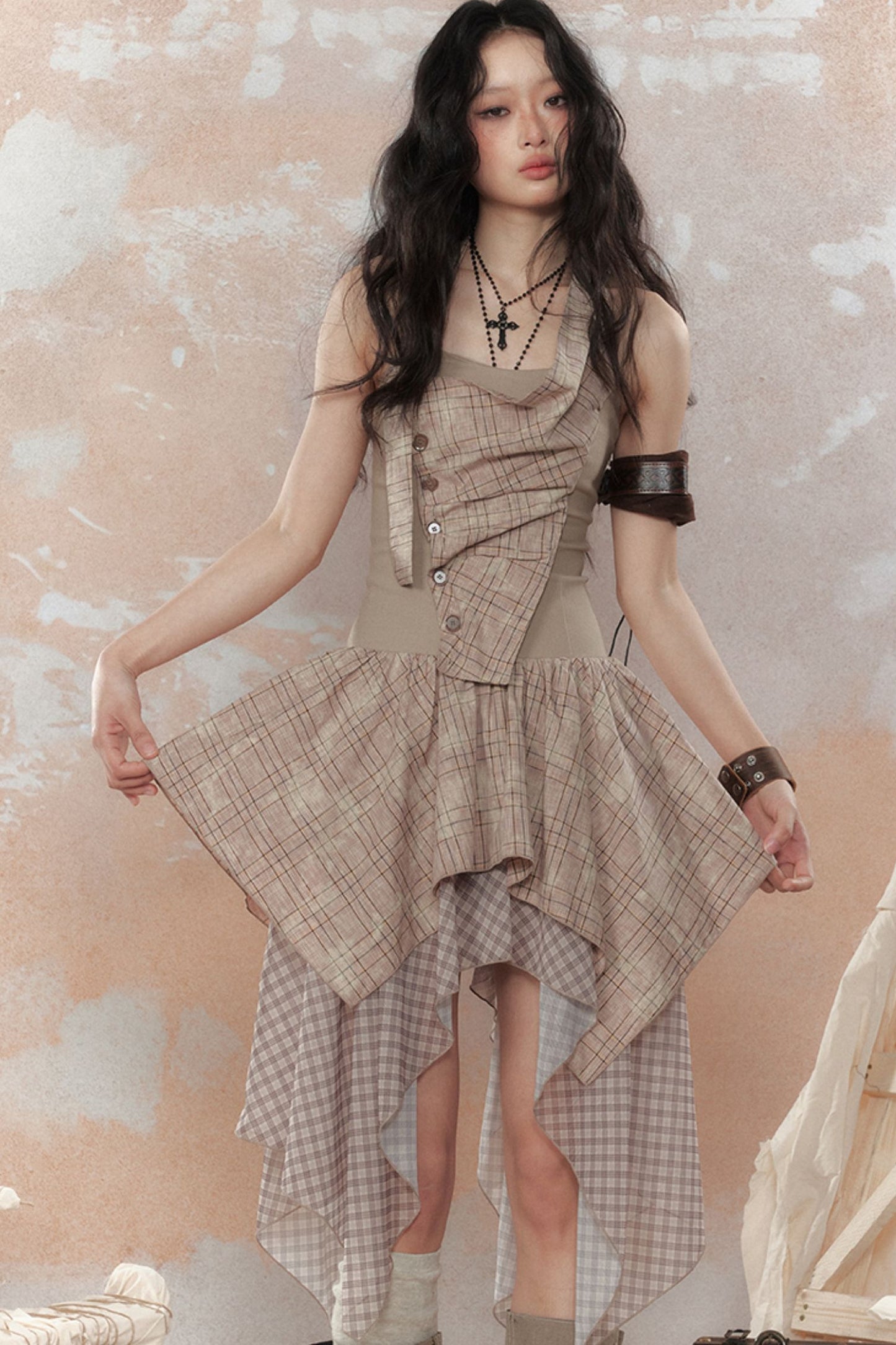 Plaid Asymmetrical Halter Dress