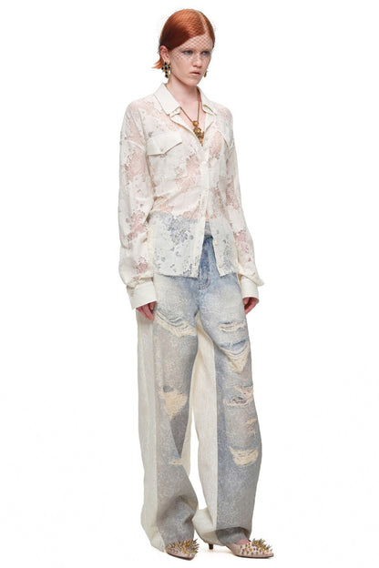 Lace Jacquard Tie Waist Shirt