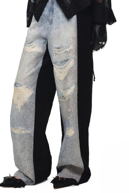 Washed Ripped Lace Straight-Leg Pants