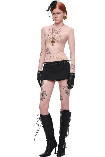 Tattoo Print Sheer Mesh Top