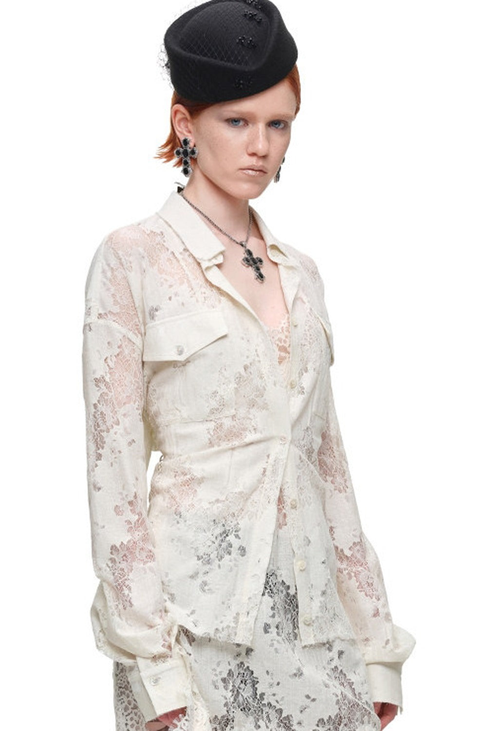 Lace Jacquard Tie Waist Shirt