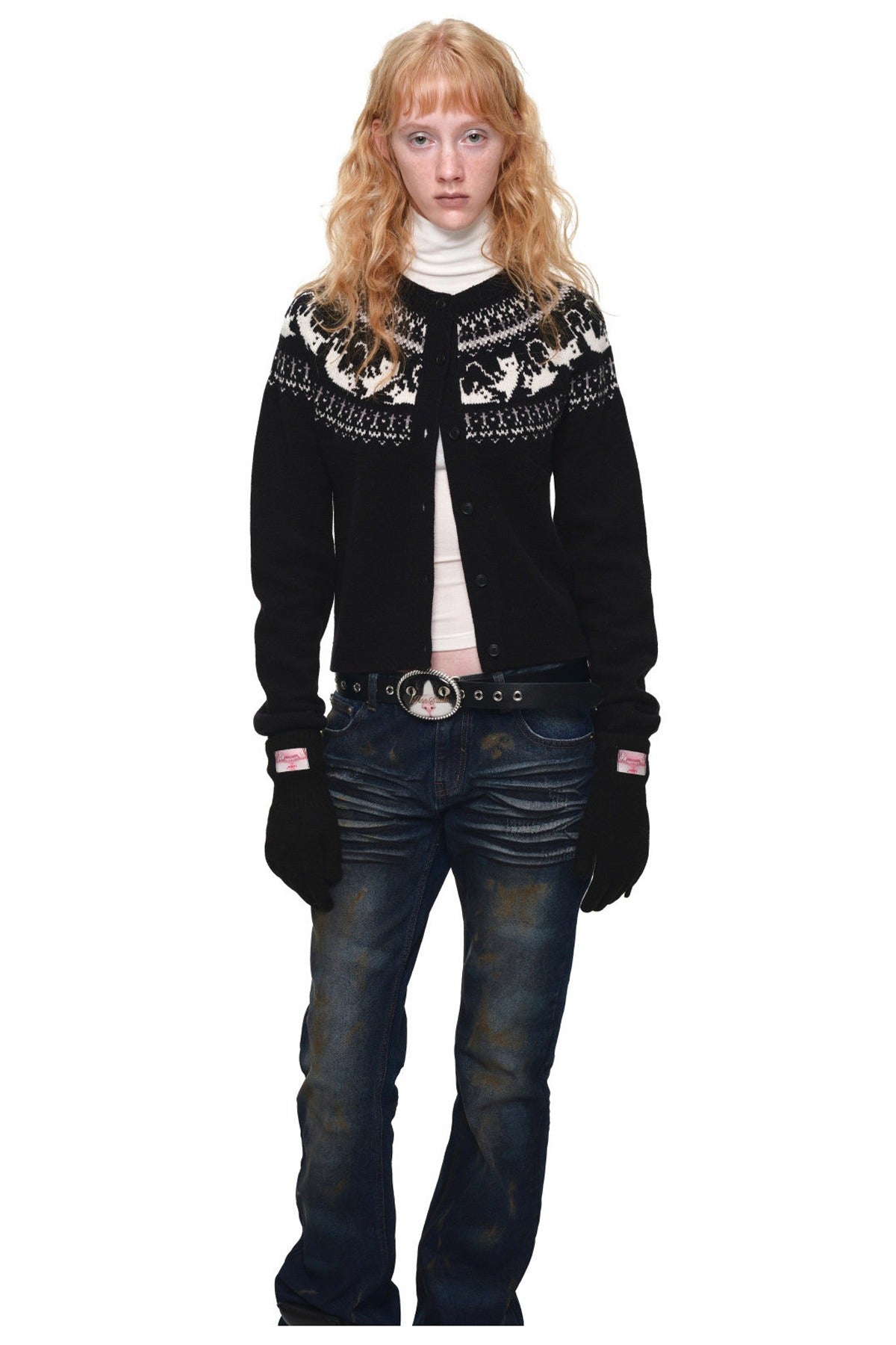 Cardigan jacquard con motivo a isole Fair Isle e gatti
