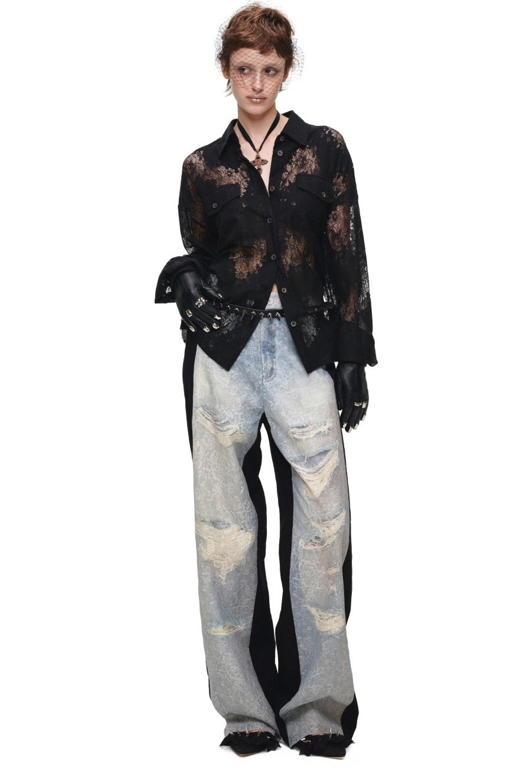 Lace Jacquard Tie Waist Shirt