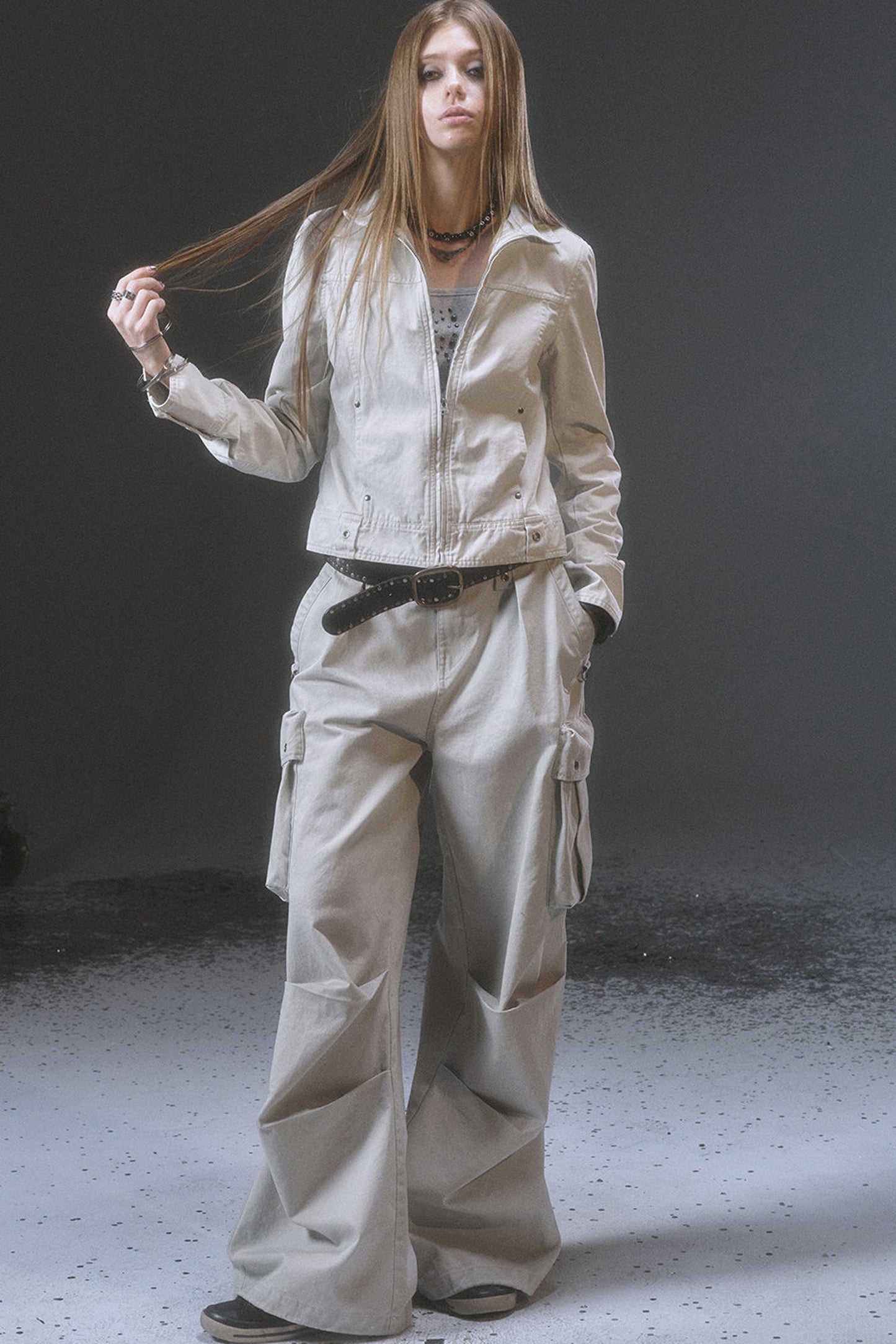 Wide-Leg Cargo Rivets And Embroidery Pants