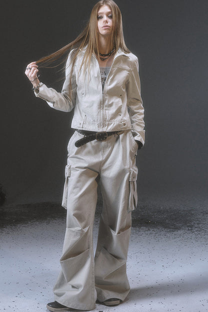 Wide-Leg Cargo Rivets And Embroidery Pants
