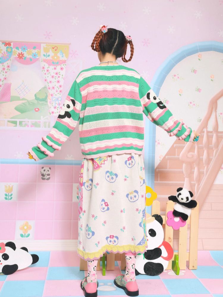 Panda print striped knit cardigan