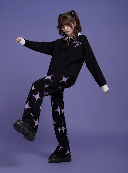 black purple stars sweet cool knitted pants