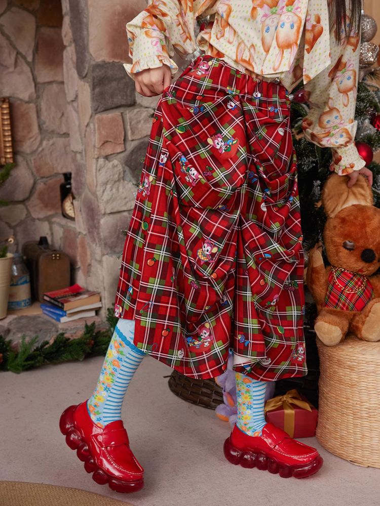 Red plaid Christmas pleated skirt