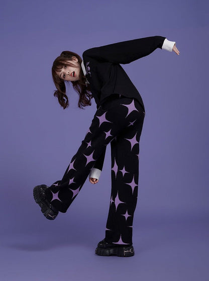 black purple stars sweet cool knitted pants