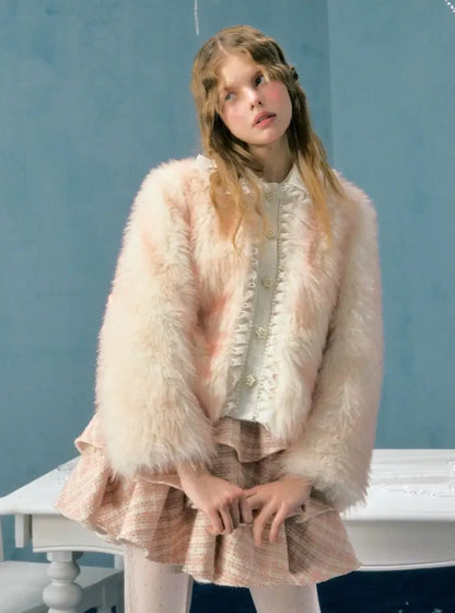 Lace short fur coat