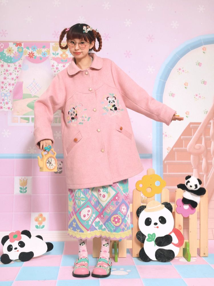 Panda embroidery mid-length coat