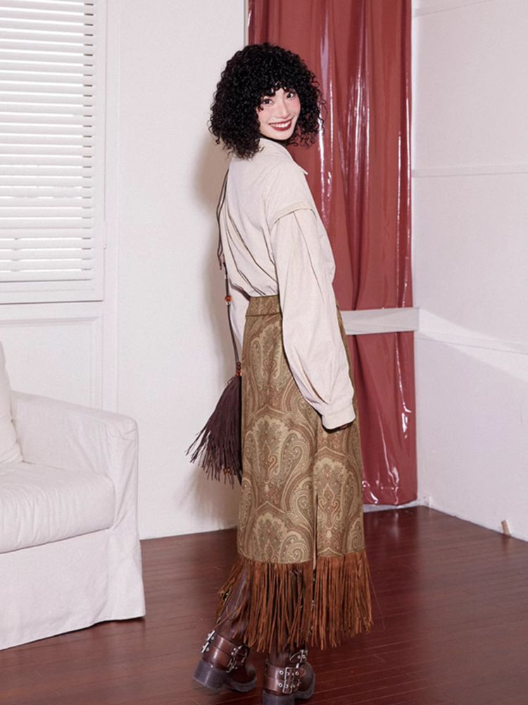 Red brown fringe skirt