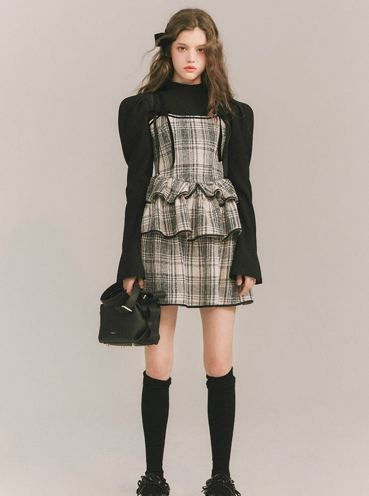 Plaid Cake Skirt Fake Two-piece Dress