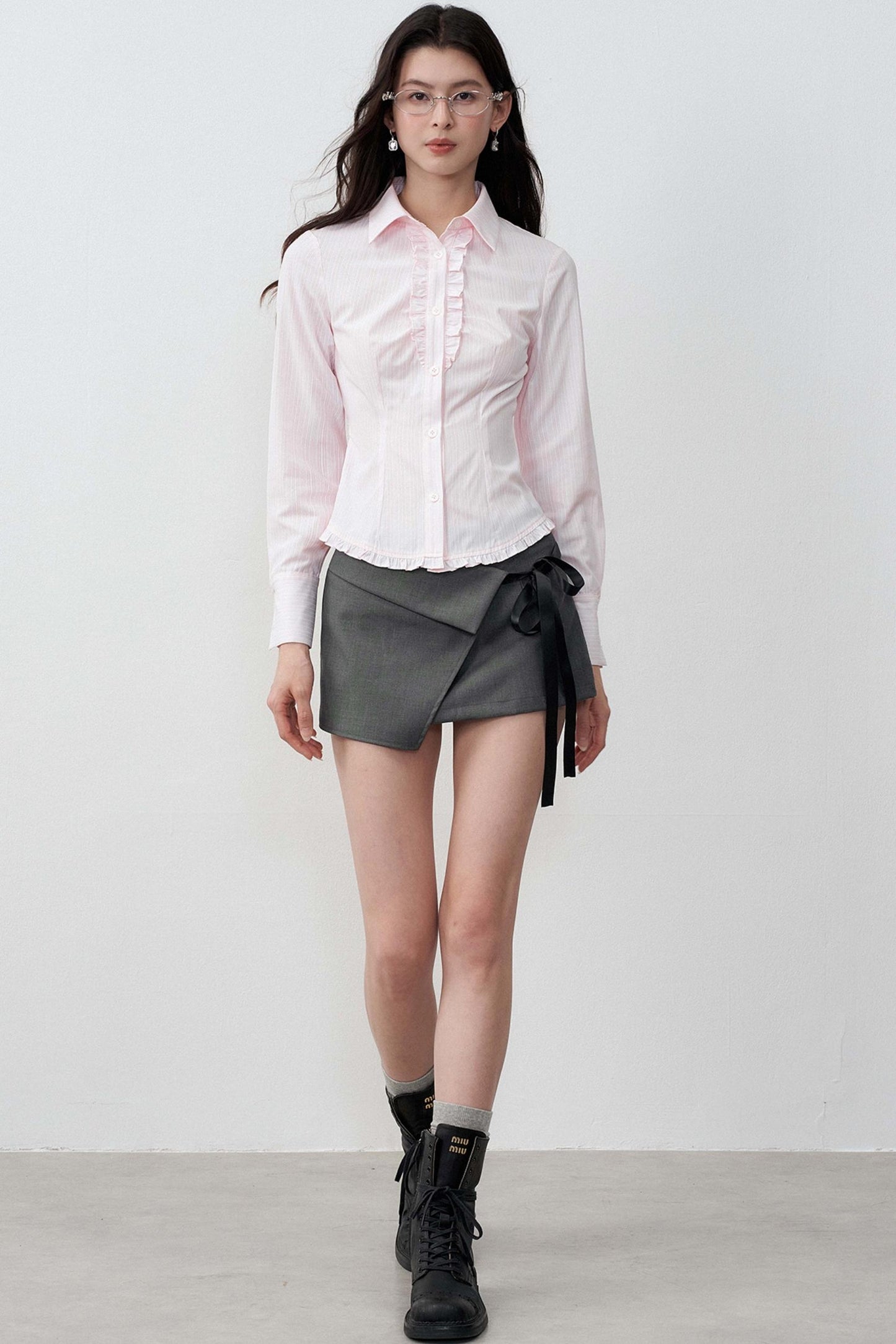 Stripe Texture Polo Collar Lace Tie-Up Shirt