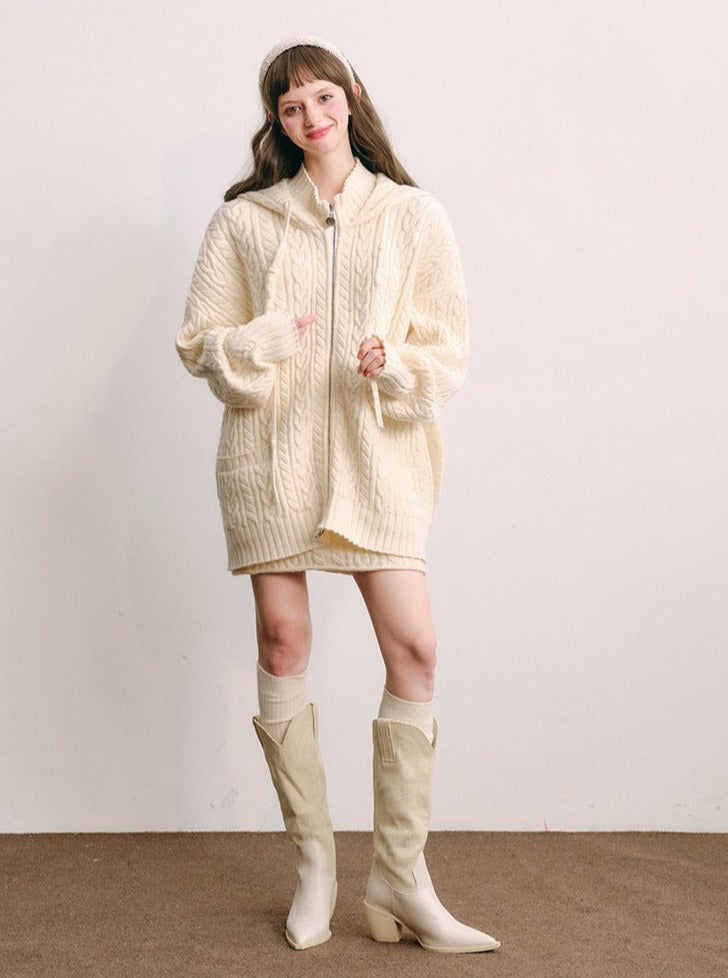 Bunny Ears Hooded Knitted Jacket Set