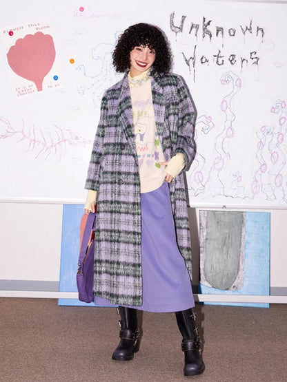 Loose long wool plaid coat