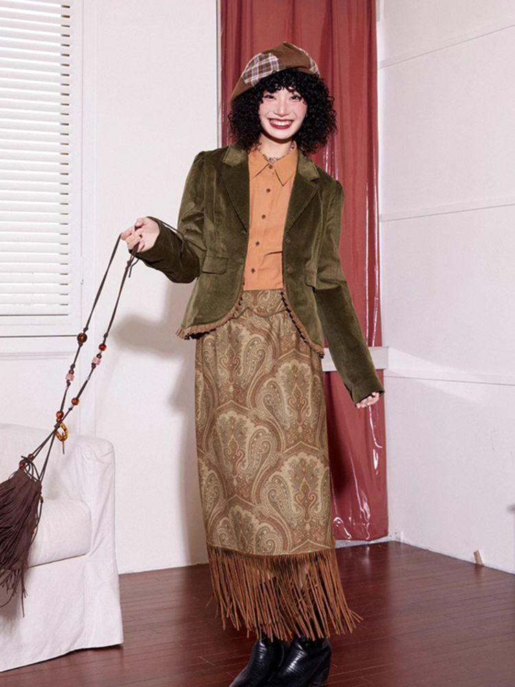 Red brown fringe skirt