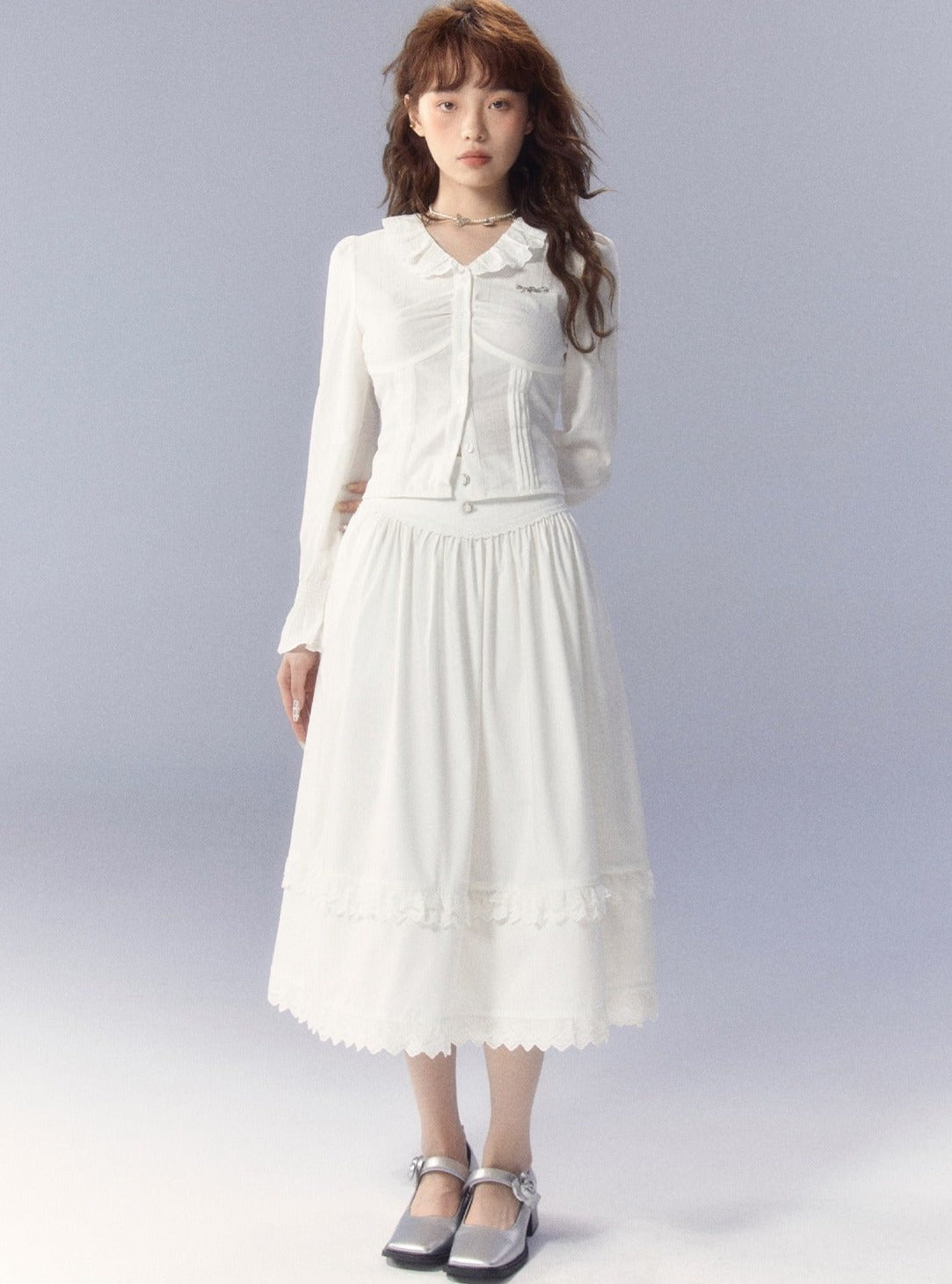 White skirt with shirt long-sleeved top Set