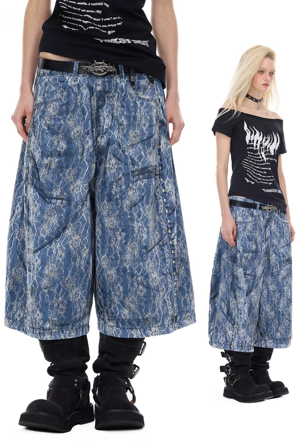 Rivet Structure Lace Denim Wide Leg Shorts