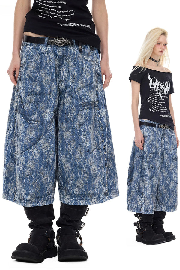 Rivet Structure Lace Denim Wide Leg Shorts