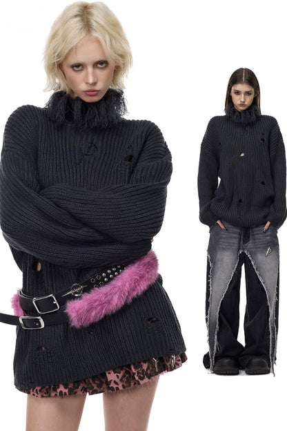 Tassel Turtleneck Ripped Oversized Sweater