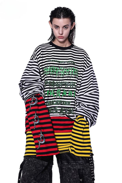 Stacked Stripes Patchwork Staggered Letter Print T-Shirt
