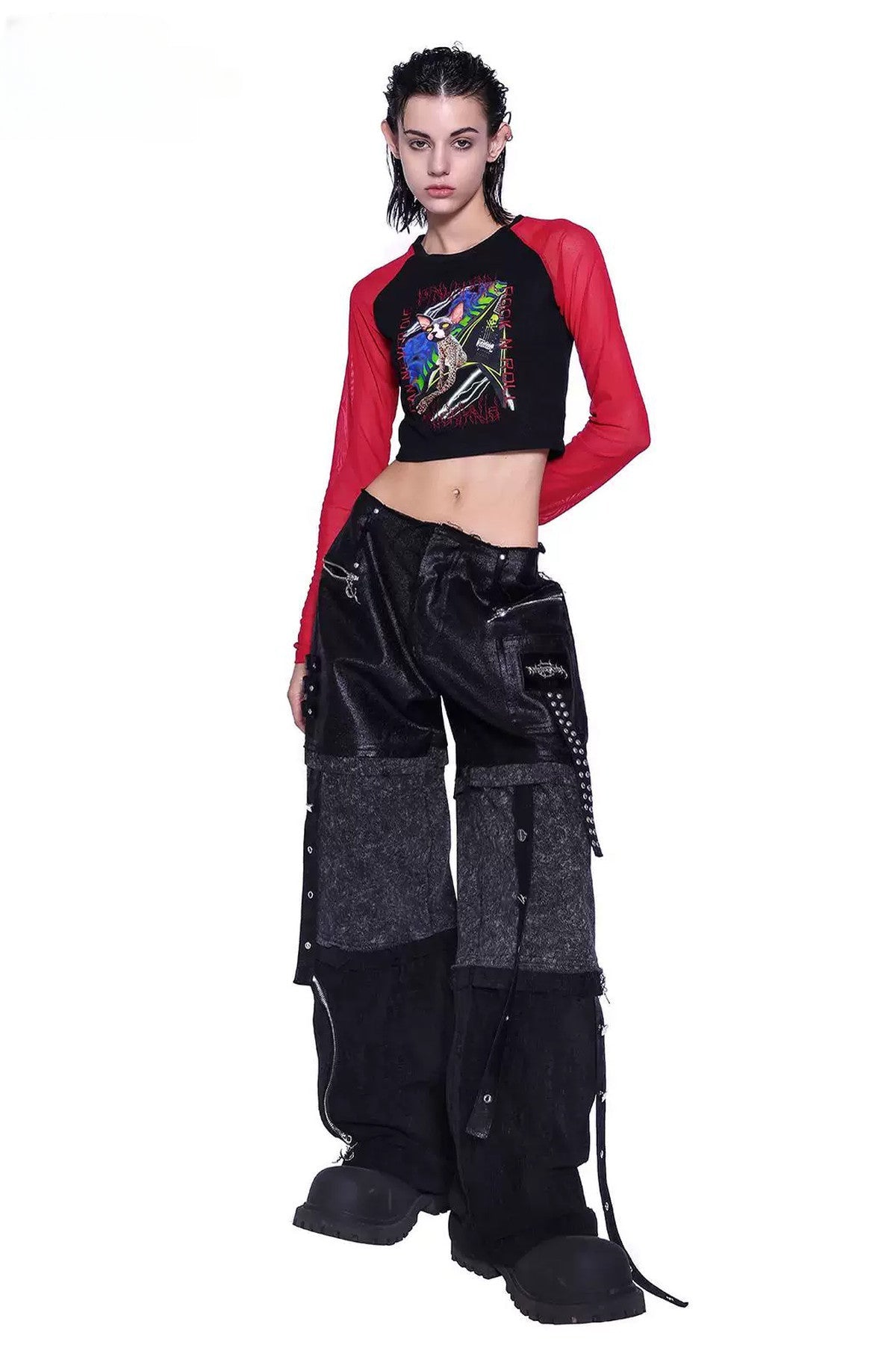 Sphynx Cat Mesh Sleeve Patchwork T-shirt