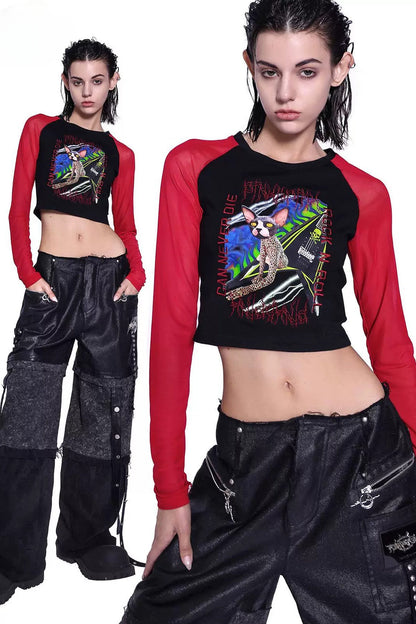Sphynx Cat Mesh Sleeve Patchwork T-shirt