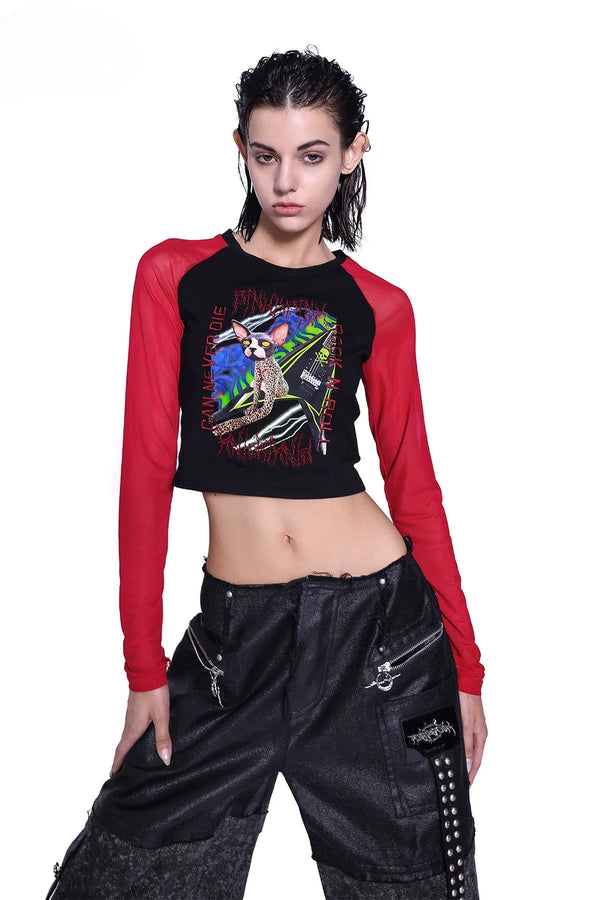 Sphynx Cat Mesh Sleeve Patchwork T-shirt