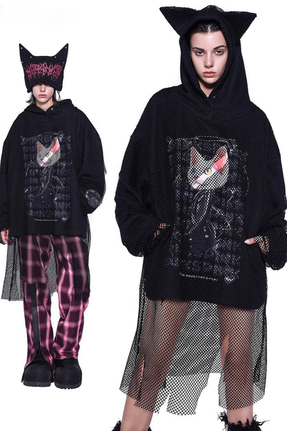 Cat Ear Layered Mesh Hooded Sweatshirt
