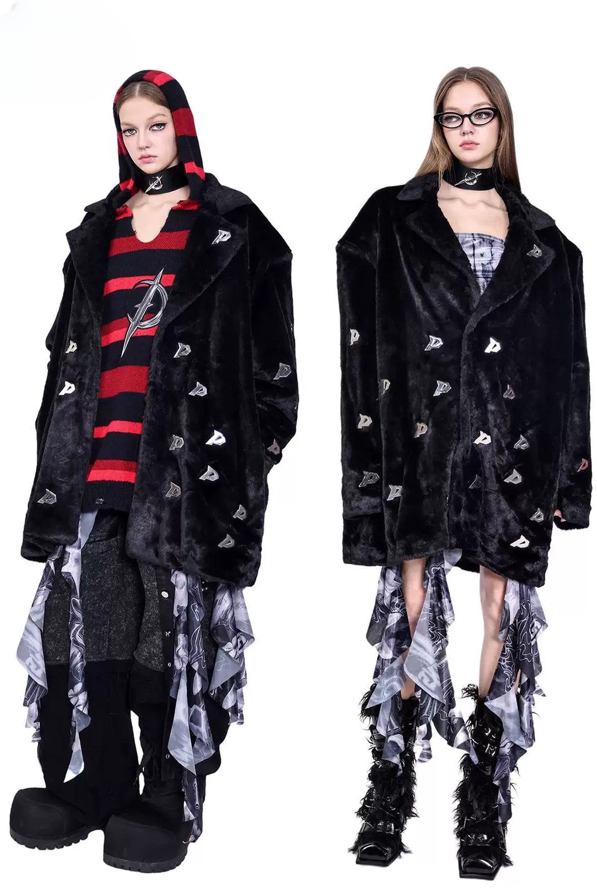 Letter Quilted Shoulder Pads Genderless Black Fur Jacket