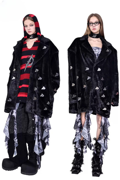 Letter Quilted Shoulder Pads Genderless Black Fur Jacket