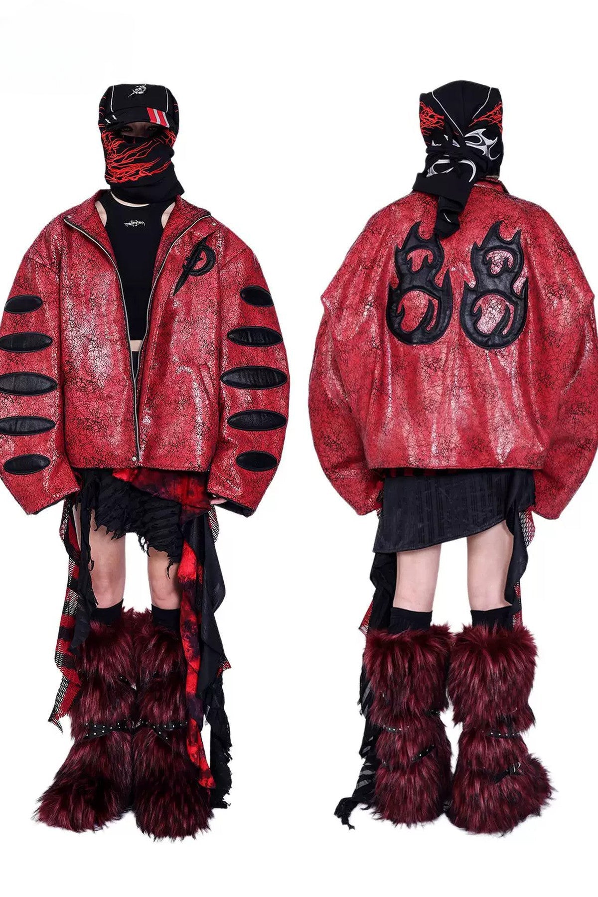 Red Cracked Leather Oversized Jacket