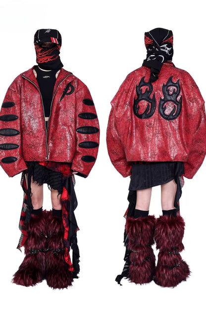 Red Cracked Leather Oversized Jacket