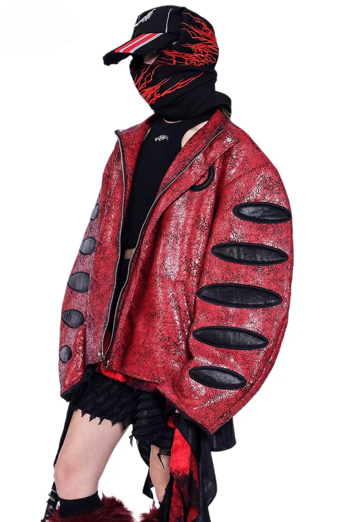 Red Cracked Leather Oversized Jacket