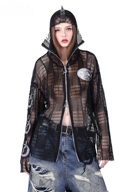Rivet Hooded Mesh Patch Embroidery Jacket