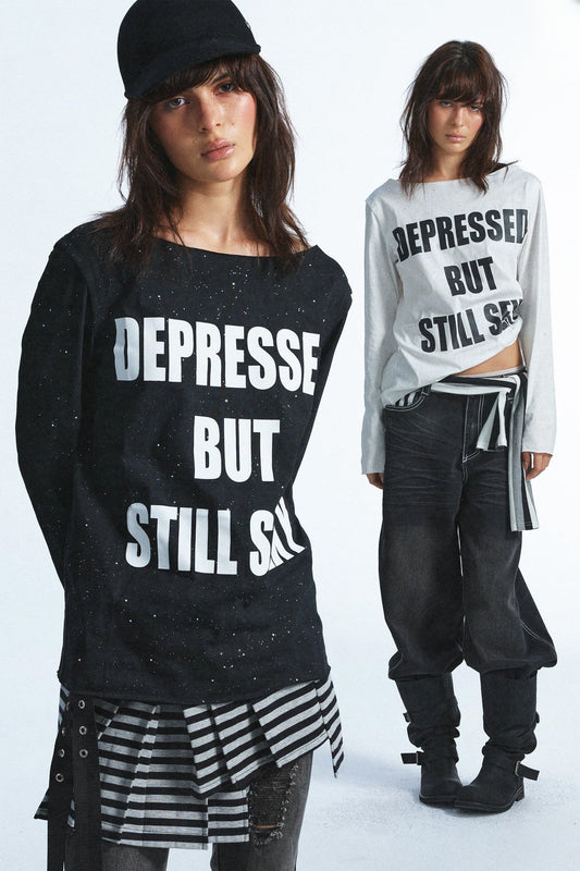 Distressed Rhinestone Letter Print Long-Sleeve T-Shirt