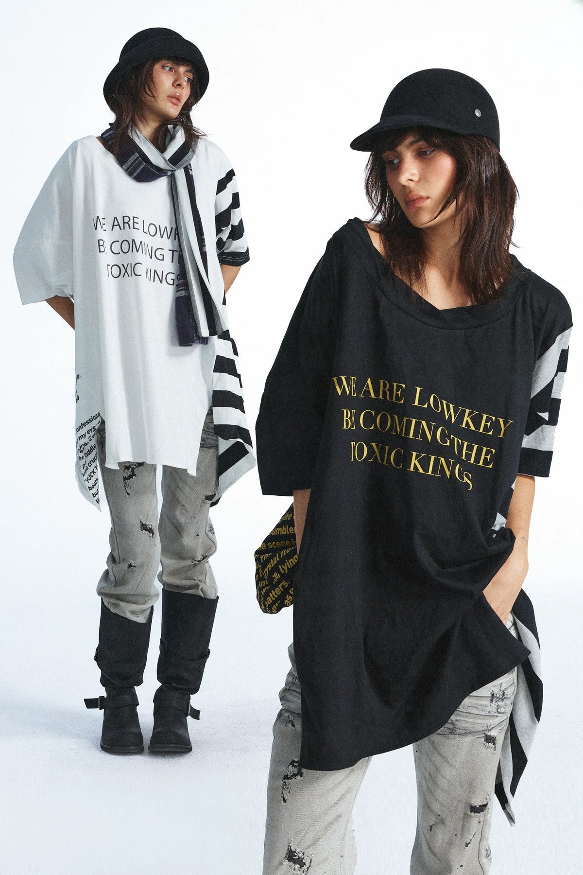 Vintage Letter Patchwork Stereo Cut Robe-Style T-shirt