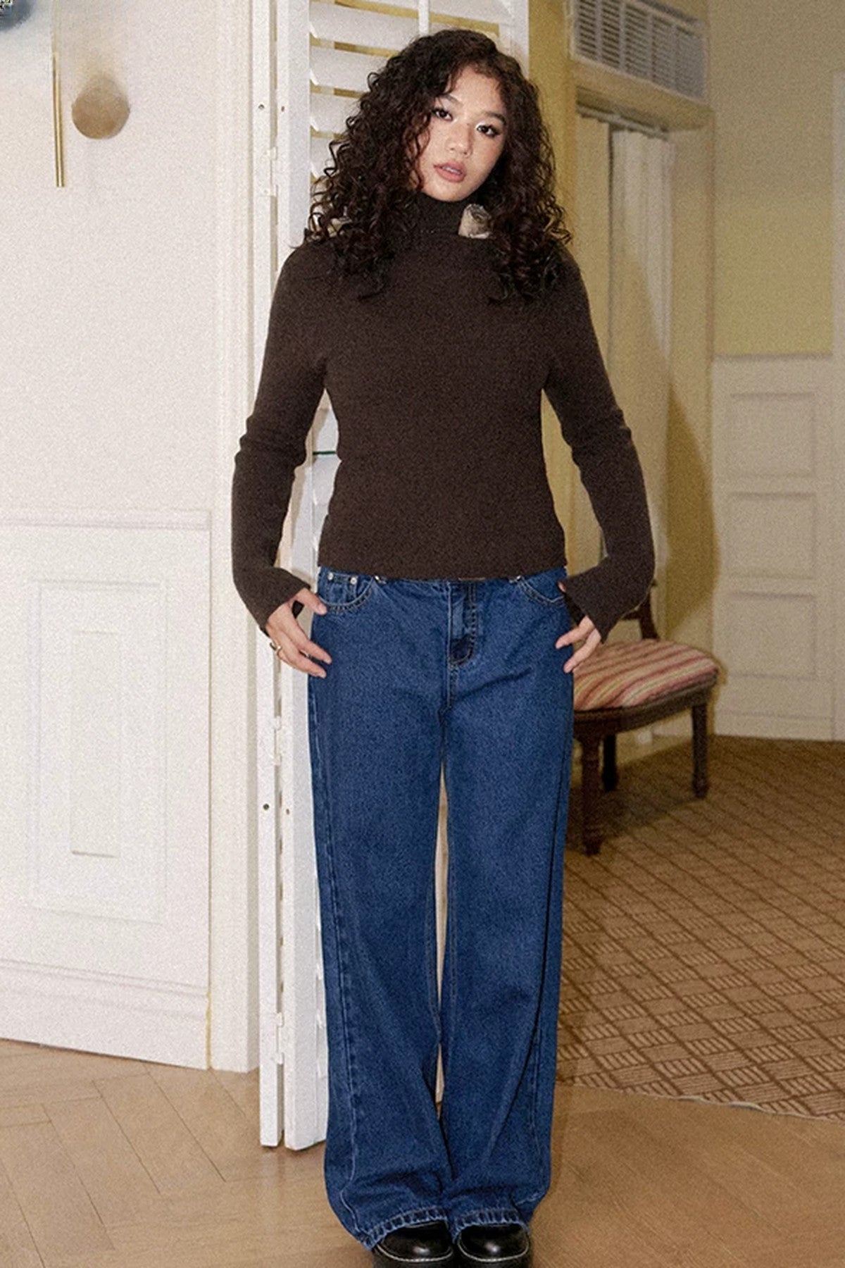 Retro Blue High-Waisted Straight Wide-Leg Jeans